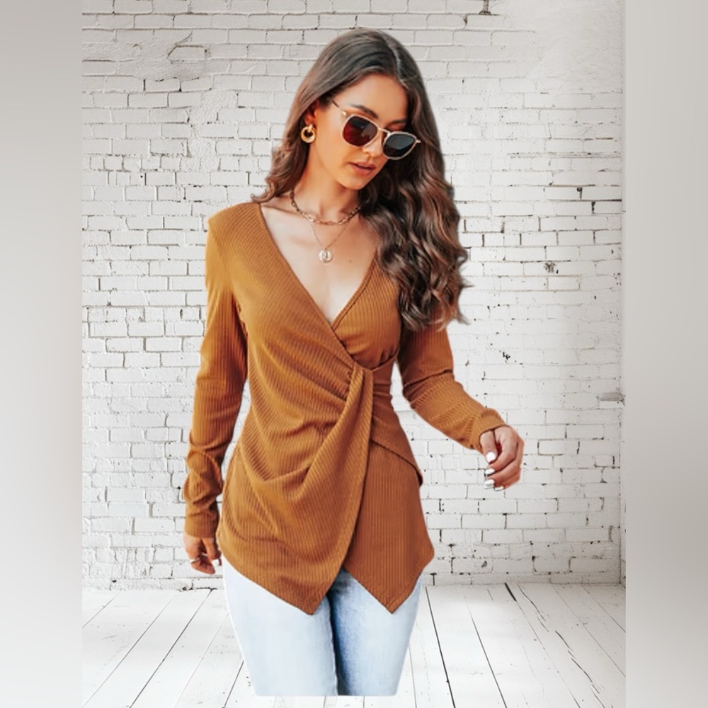Donella Ribbed Surplice Wrap Top XL NWOT | Stretch Knit Deep‑V Long Sleeve